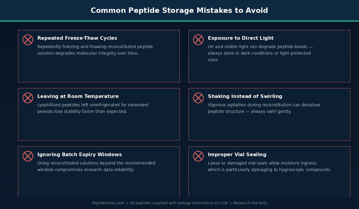 Common research peptide storage mistakes freeze thaw light exposure shaking PeptideCores