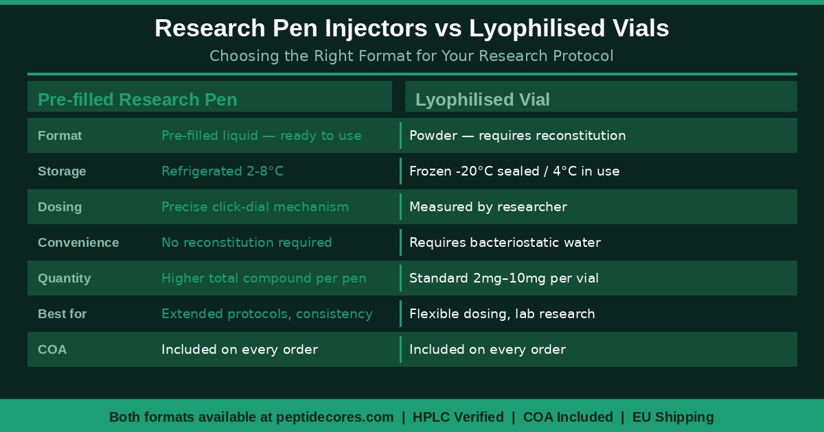 research pen injectors vs lyophilised vials comparison format storage dosing